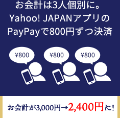 お会計は3人個別に。 Yahoo! JAPANアプリの PayPayで800円ずつ決済