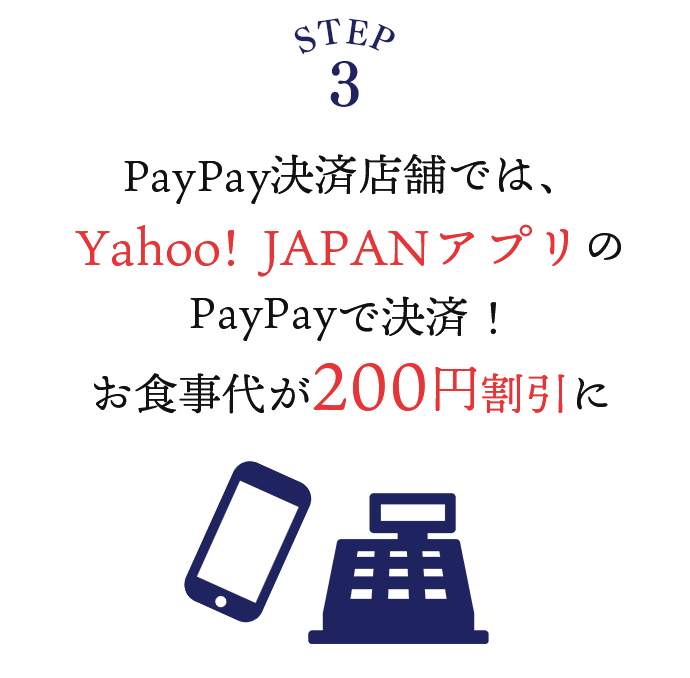 STEP3 PayPay決済店舗では、Yahoo! JAPANアプリの PayPayで決済！お食事代が200円割引に