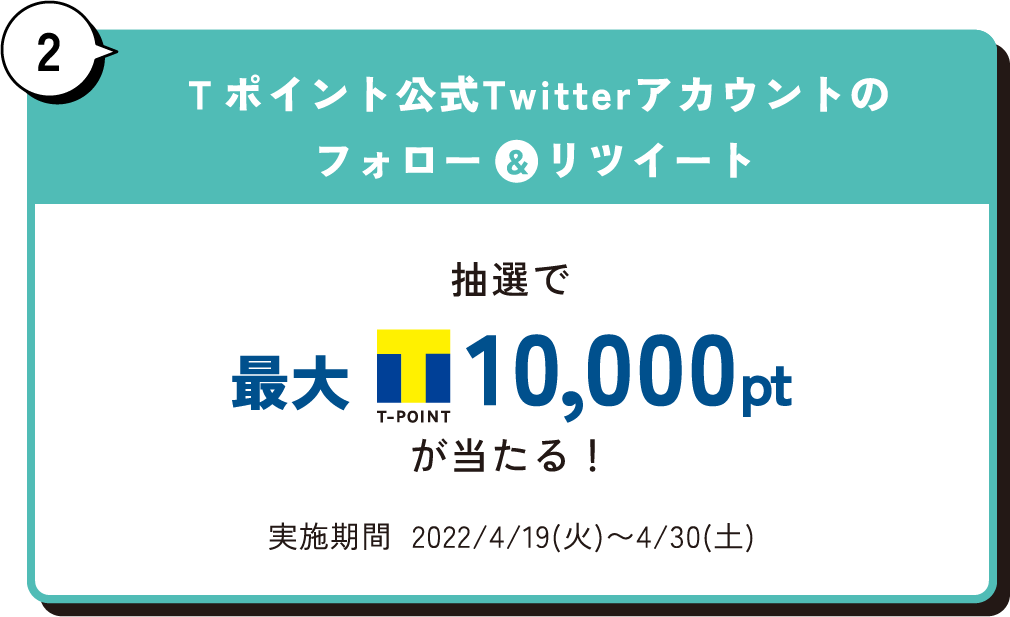 2 Ｔポイント公式Twitterアカウントのフォロー&リツイート 抽選で最大T-POINT10,000ptが当たる！実施期間  2022/4/19(火)〜4/30(土)
